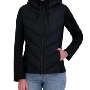 DKNY Women's Mixed Media, Hooded Puffer Jacket Black